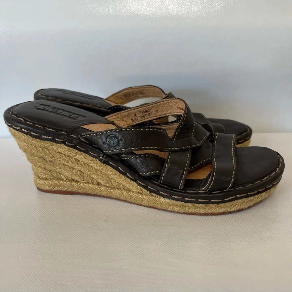 Born Brown Leather Espadrille Wedge Sandals